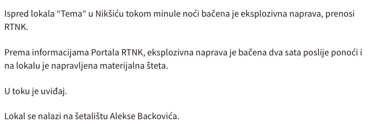 Montenegro-avmp/Niksic_-Bacena-eksplozivna-naprava-ispred-lokala-pricinjena-materijalna-st_1