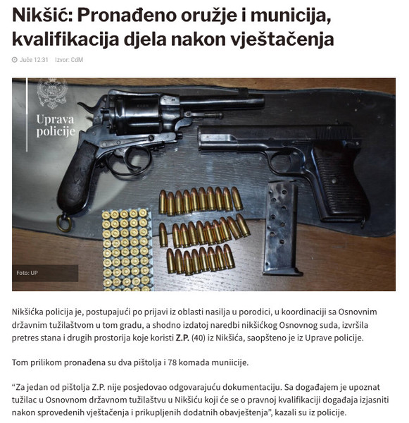 Montenegro-avmp/Niksic_-Pronadeno-oruzje-i-municija-kvalifikacija-djela-nakon-vjestacenja-