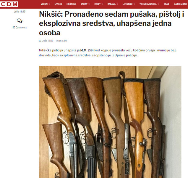 Montenegro-avmp/Niksic_-Pronadeno-sedam-pusaka-pistolj-i-eksplozivna-sredstva-uhapsena-je