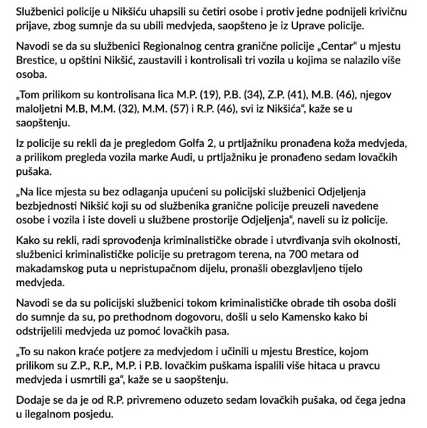 Montenegro-avmp/Niksic_-Uhapsene-cetiri-osobe-osumnjicene-da-su-ubile-medvjeda
