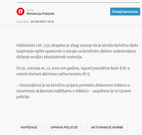 Montenegro-avmp/Niksicanin-osumnjicen-za-aktiviranje-rucne-bombe-u-dvoristu-kuce