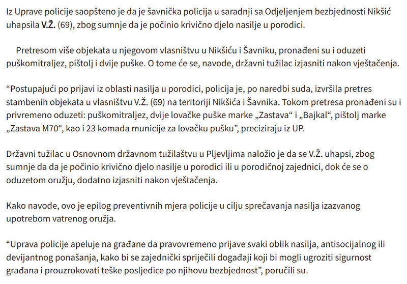 Montenegro-avmp/Niksicanin-uhapsen-zbog-nasilja-u-porodici-Pronaden-puskomitraljez-pistolj-i-dvije-puske_1