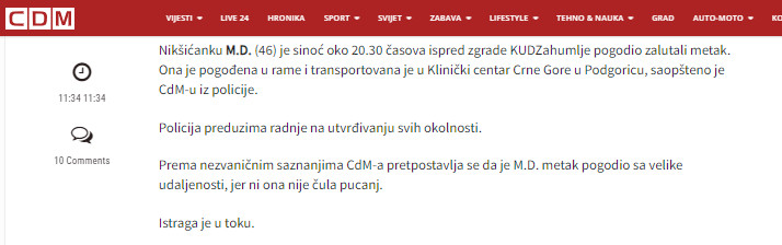 Montenegro-avmp/Niksicanku-pogodio-zalutali-metak-transportovana-u-Klinicki-centar---CdM