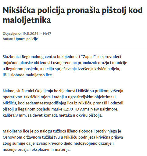 Montenegro-avmp/Niksicka-policija-pronasla-pistolj-kod-maloljetnika