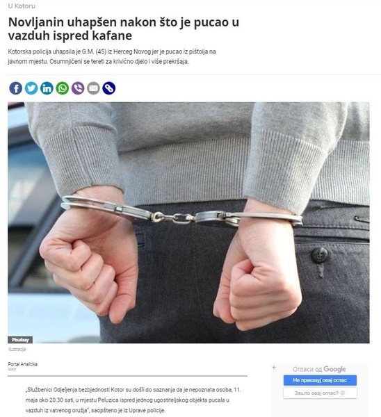 Montenegro-avmp/Novljanin-uhapsen-nakon-sto-je-pucao-u-vazduh-ispred-kafane