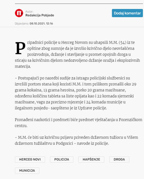Montenegro-avmp/Novljanin-uhapsen-zbog-droge-i-municije