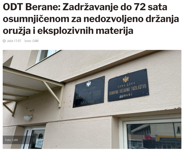 Montenegro-avmp/ODT-Berane_-Zadrzavanje-do-72-sata-osumnjicenom-za-nedozvoljeno-drzanja-or