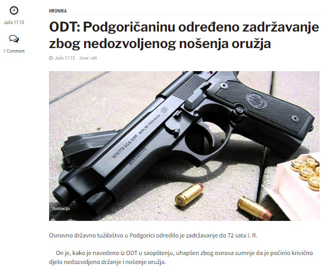 Montenegro-avmp/ODT_-Podgoricaninu-odredeno-zadrzavanje-zbog-nedozvoljenog-nosenja-oruzja-