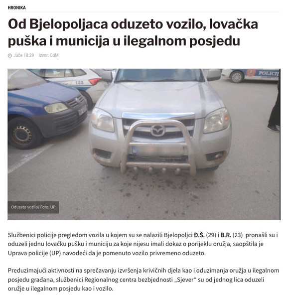 Montenegro-avmp/Od-Bjelopoljaca-oduzeto-vozilo-lovacka-puska-i-municija-u-ilegalnom-posjed