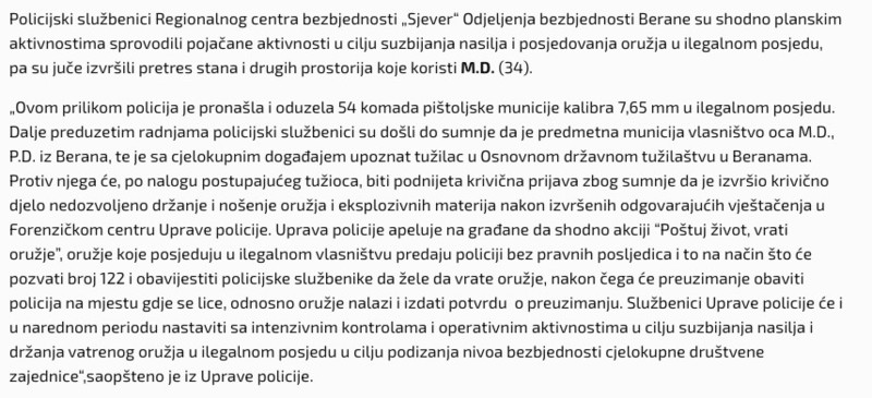 Montenegro-avmp/Od-jedne-osobe-u-Beranama-oduzeta-municija-krivicna-prijava-nakon-vjestace