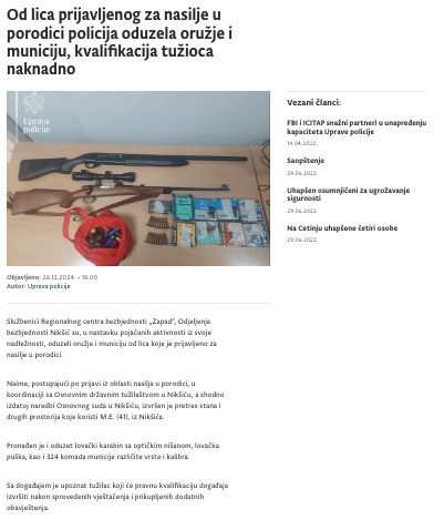 Montenegro-avmp/Od-lica-prijavljenog-za-nasilje-u-porodici-policija-oduzela-oruzje-i-munic