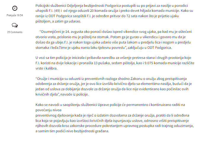 Montenegro-avmp/Od-osumnjicenog-za-prijetnje-ujaku-oduzeto-20-komada-oruzja-i-preko-9.000-