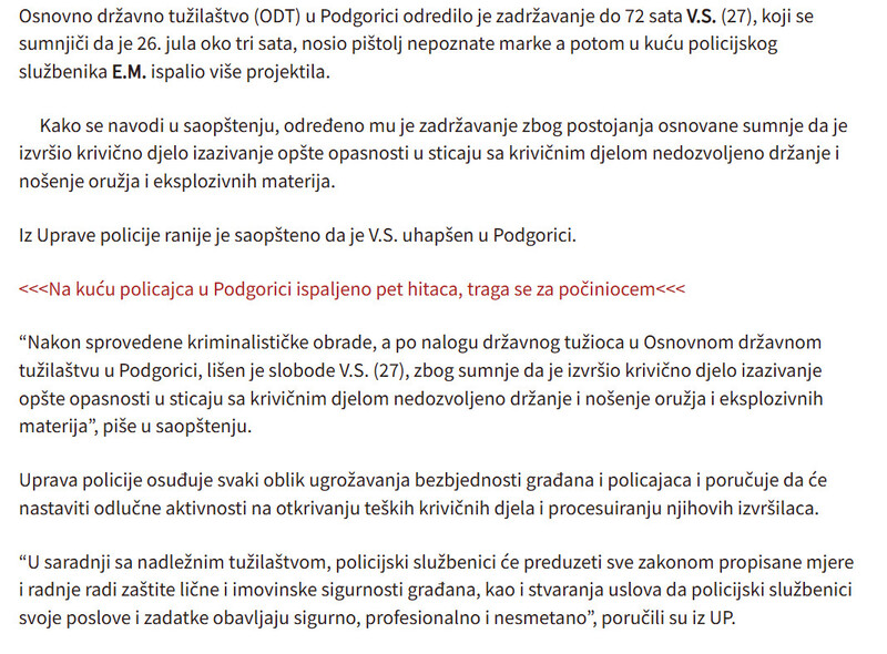 Montenegro-avmp/Odredeno-zadrzavanje-osumnjicenom-za-pucanje-na-kucu-policajca