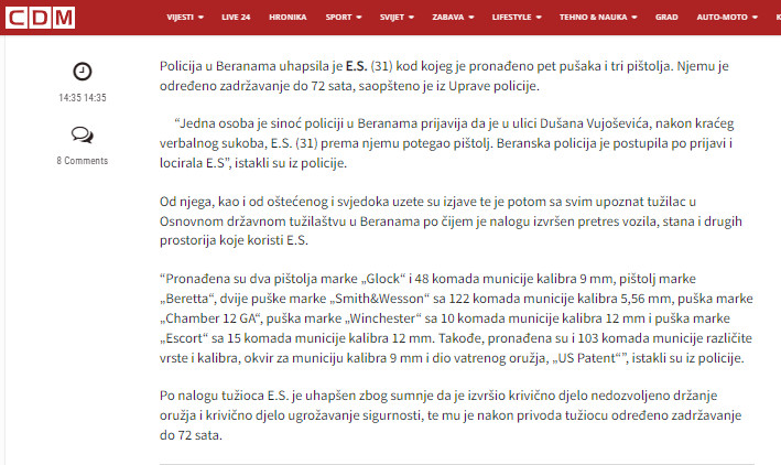 Montenegro-avmp/Odredeno-zadrzavanje_-Uhapsen-Beranac-kod-kojeg-je-pronadeno-pet-pusaka-i