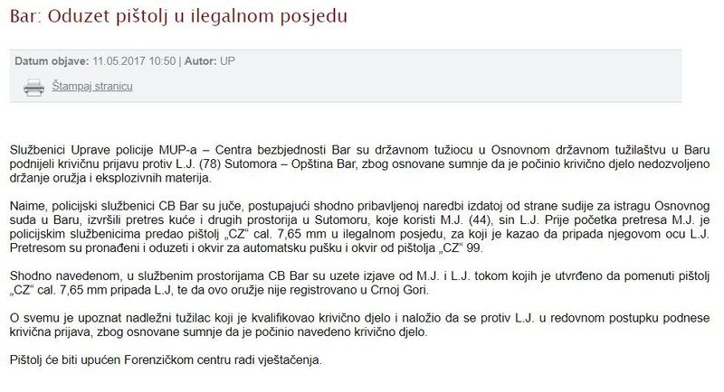 Montenegro-avmp/Oduzet-pistolj-u-ilegalnom-posjedu
