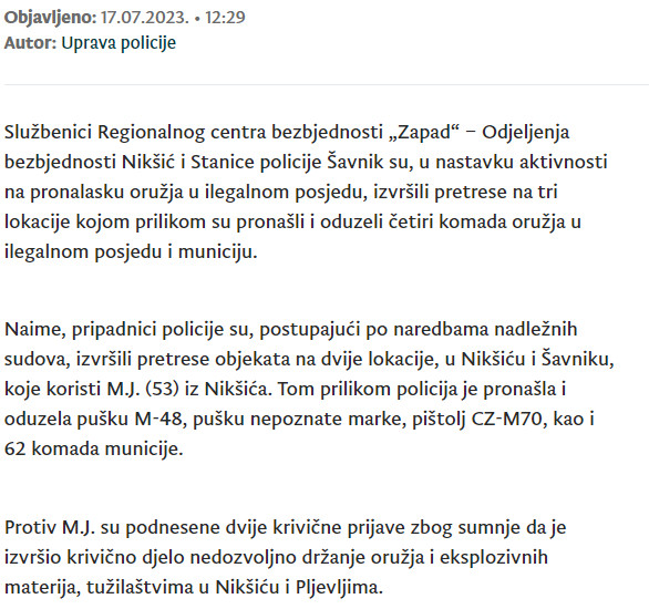 Montenegro-avmp/Oduzeta-cetiri-komada-vatrenog-oruzja-i-municija-od-dva-lica