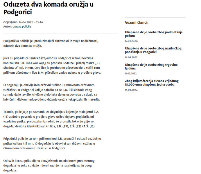 Montenegro-avmp/Oduzeta-dva-komada-oruzja-u-Podgorici_1