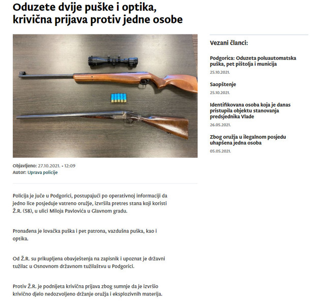 Montenegro-avmp/Oduzete-dvije-puske-i-optika-krivicna-prijava-protiv-jedne-osobe