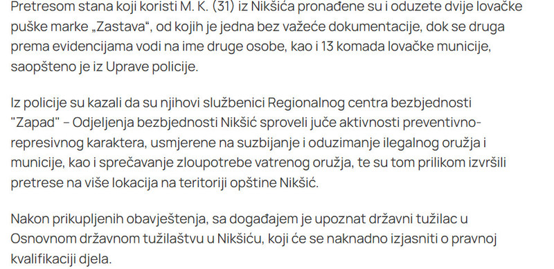 Montenegro-avmp/Oduzete-dvije-puske-od-Niksicanina