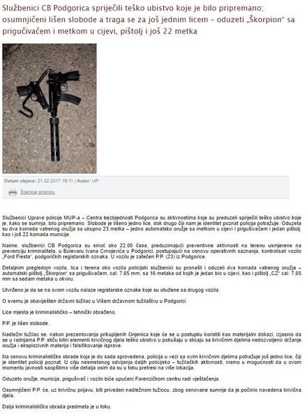 Montenegro-avmp/Oduzeti-Skorpion-sa-prigucivacem-i-metkom-u-cijevi-pistolj-i-jos-22-metka