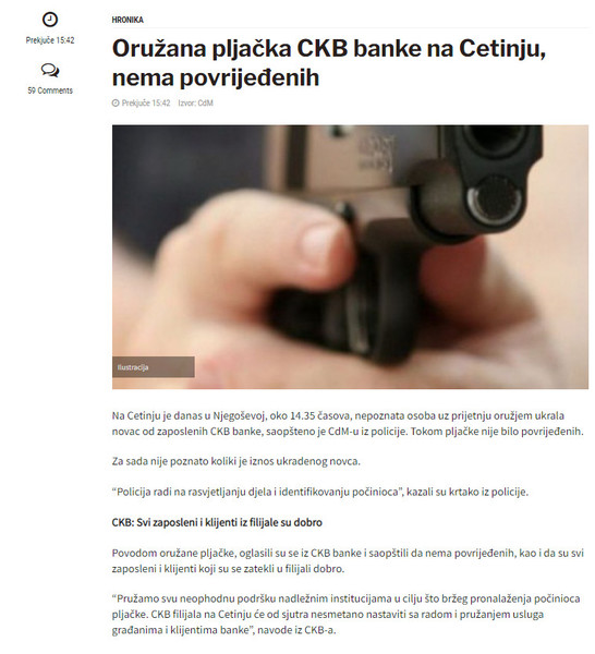 Montenegro-avmp/Oruzana-pljacka-CKB-banke-na-Cetinju-nema-povrijedenih