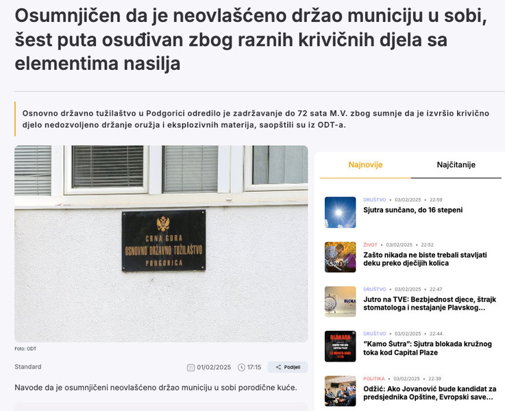 Montenegro-avmp/Osumnjicen-da-je-neovlasceno-drzao-municiju-u-sobi-sest-puta-osudivan-zbog