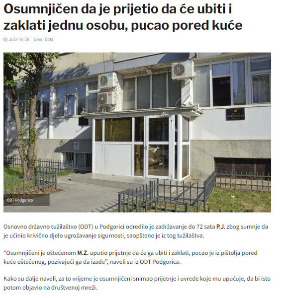 Montenegro-avmp/Osumnjicen-da-je-prijetio-da-ce-ubiti-i-zaklati-jednu-osobu-pucao-pored-ku