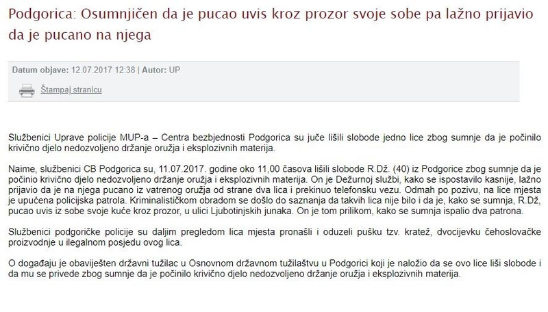 Montenegro-avmp/Osumnjicen-da-je-pucao-uvis-kroz-prozor-svoje-sobe-pa-lazno-prijavio-da-je
