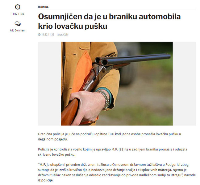 Montenegro-avmp/Osumnjicen-da-je-u-braniku-automobila-krio-lovacku-pusku