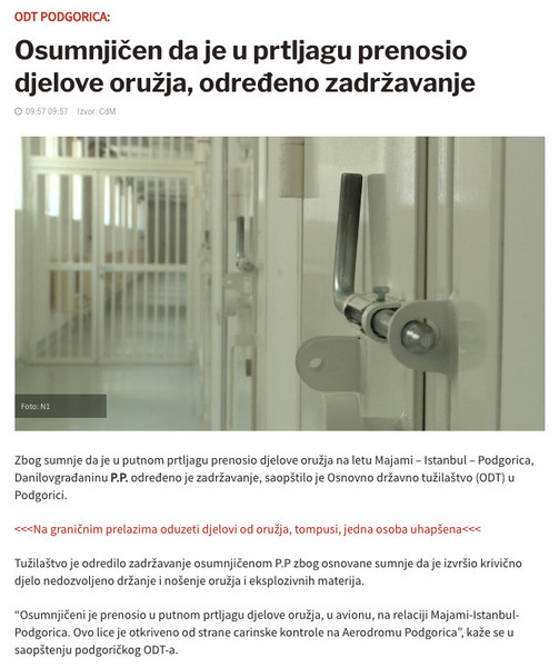 Montenegro-avmp/Osumnjicen-da-je-u-prtljagu-prenosio-djelove-oruzja-odredeno-zadrzavanje--