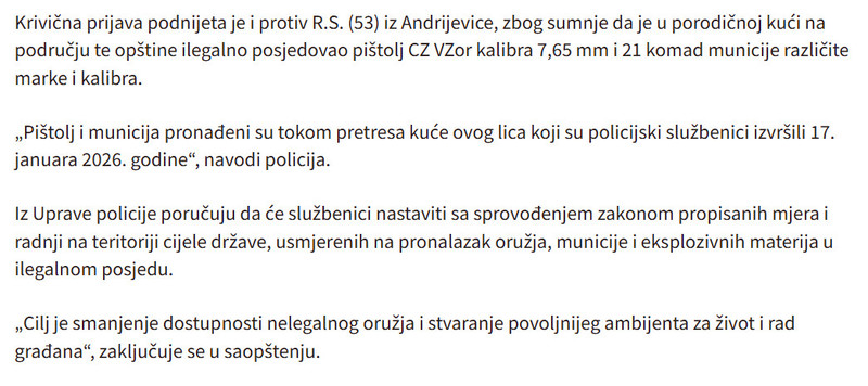 Montenegro-avmp/Osumnjicen-i-Mileta-Ojdanic-U-Beranama-i-Andrijevici-pronadeno-oruzje-i-municija