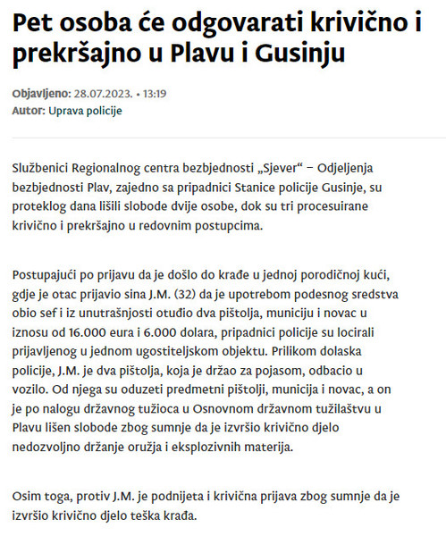 Montenegro-avmp/Pet-osoba-ce-odgovarati-krivicno-i-prekrsajno-u-Plavu-i-Gusinju
