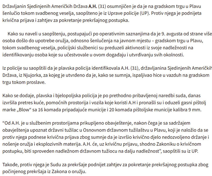 Montenegro-avmp/Plav-Drzavljanin-SAD-osumnjicen-da-je-tokom-svadbe-senlucio-na-gradskom-trgu