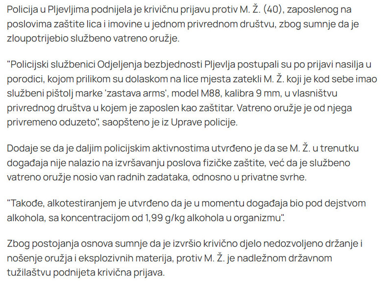 Montenegro-avmp/Pljevlja-Krivicna-prijava-protiv-zastitara-osumnjicen-da-je-zloupotrijebio-sluzbeno-vatreno-oruzje_1
