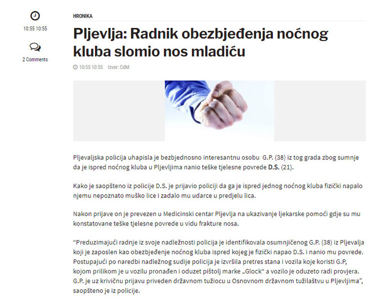 Montenegro-avmp/Pljevlja_-Radnik-obezbjedenja-nocnog-kluba-slomio-nos-mladicu