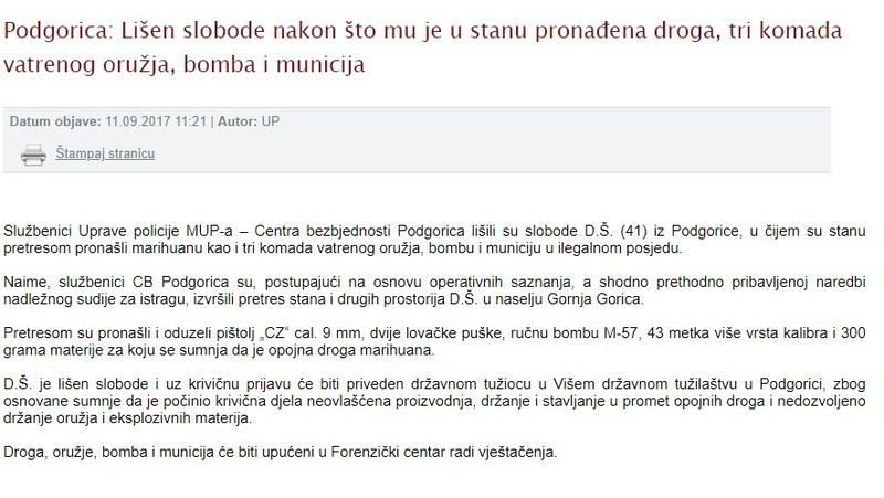 Montenegro-avmp/Podgorica--Lisen-slobode-nakon-sto-mu-je-u-stanu-pronadena-droga-tri-komad