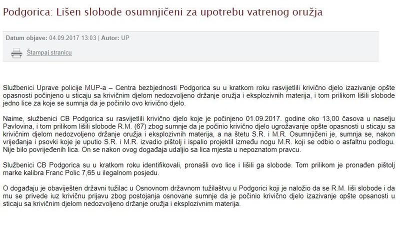 Montenegro-avmp/Podgorica--Lisen-slobode-osumnjiceni-za-upotrebu-vatrenog-oruzja