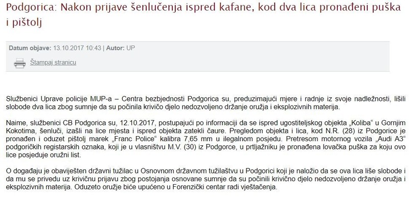 Montenegro-avmp/Podgorica--Nakon-prijave-senlucenja-ispred-kafane-kod-dva-lica-pronadeni-p