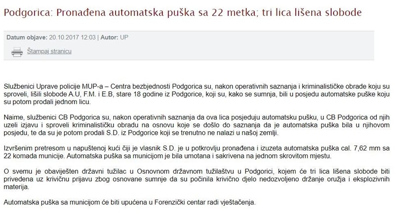 Montenegro-avmp/Podgorica--Pronadena-automatska-puska-sa-22-metka-tri-lica-lisena-slobode