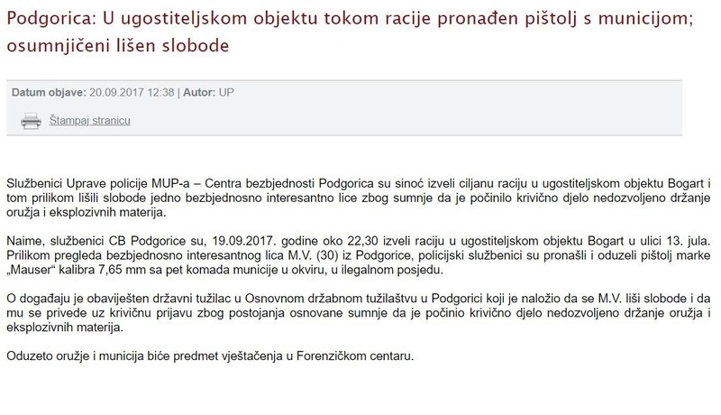 Montenegro-avmp/Podgorica--U-ugostiteljskom-objektu-tokom-racije-pronaden-pistolj-s-munici