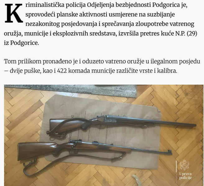 Montenegro-avmp/Podgorica-Oduzete-dvije-puske-i-preko-400-komada-municije_2