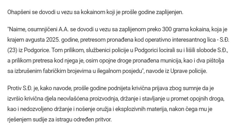 Montenegro-avmp/Podgorica-Policija-uhapsila-operativno-interesantno-lice-dovodi-se-u-vezu-sa-kokainom-koji-je-zaplijenjen-prosle-godine_1