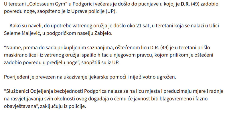 Montenegro-avmp/Podgorica-Pucnjava-u-teretani-povrijedena-jedna-osoba