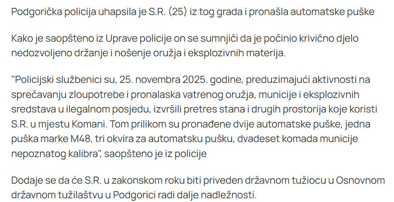 Montenegro-avmp/Podgorica-Uhapsena-jedna-osoba-u-prostorijama-koje-koristi-u-Komanima-pronadene-automatske-puske_2