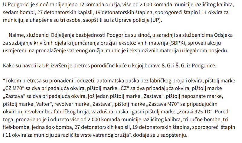Montenegro-avmp/Podgorica-Uhapsene-tri-osobe-zaplijenjeno-12-komada-oruzja-vise-od-2.000-komada-municije-sedam-bombi-detonatorska-sredstva_1