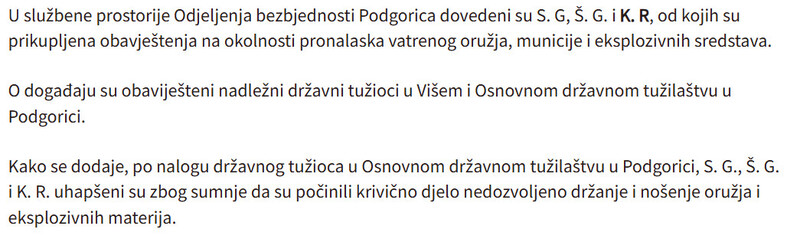 Montenegro-avmp/Podgorica-Uhapsene-tri-osobe-zaplijenjeno-12-komada-oruzja-vise-od-2.000-komada-municije-sedam-bombi-detonatorska-sredstva_2