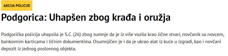 Montenegro-avmp/Podgorica-uhapsen-zbog-kradja-i-oruzja