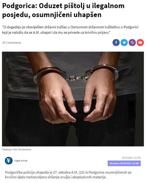 Montenegro-avmp/Podgorica_-Oduzet-pistolj-u-ilegalnom-posjedu-osumnjiceni-uhapsen