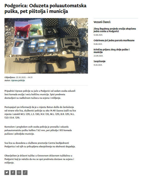 Montenegro-avmp/Podgorica_-Oduzeta-poluautomatska-puska-pet-pistolja-i-municija