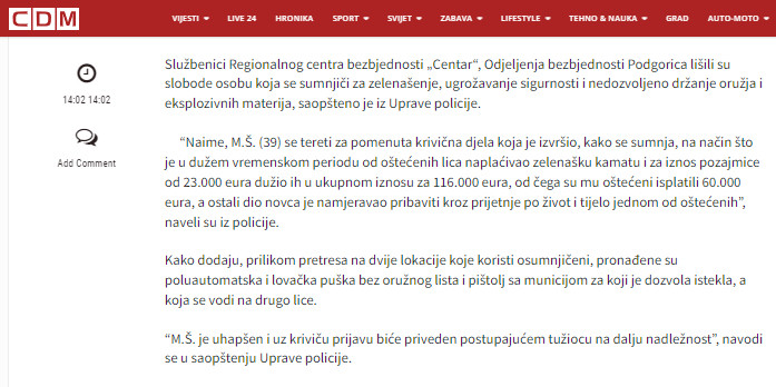 Montenegro-avmp/Podgorica_-Uhapsen-osumnjiceni-za-zelenastvo-ugrozavanje-sigurnosti-i-ned